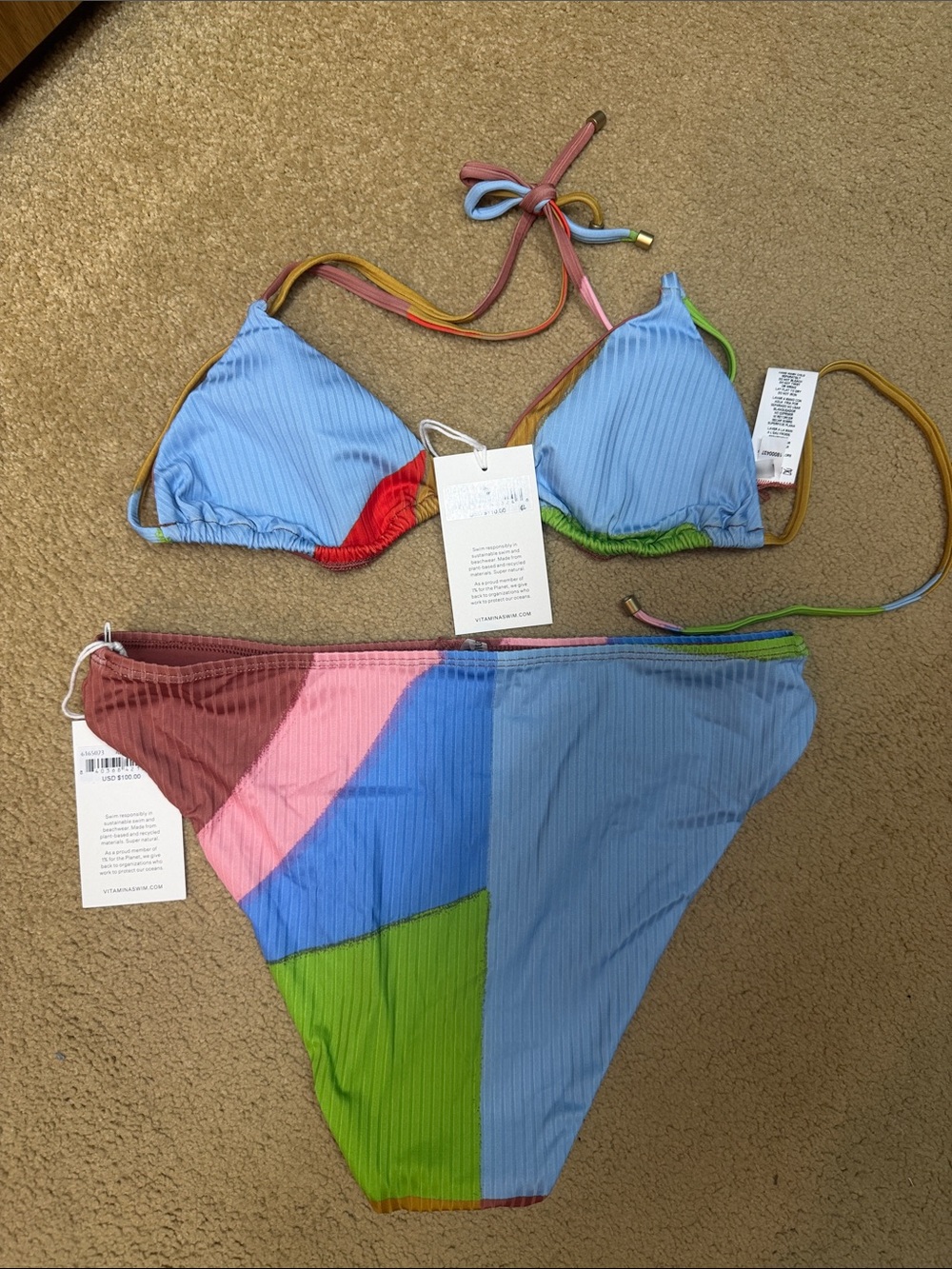 Vitamin A Multi-Color Ribbed Triangle Bikini - Blue, Rust, Mustard, Pink, Green - Picture 4 of 6